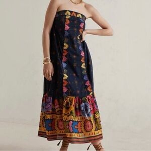 Farm Rio Anthropologie Embroidered Floral Boho Maxi Dress